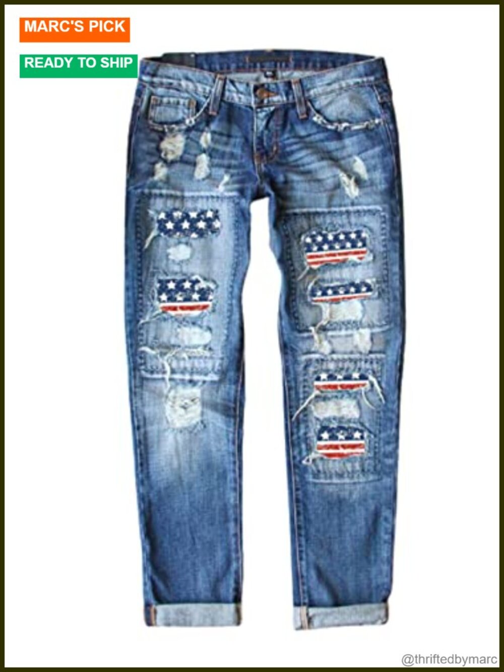 Ripped Boyfriend Jeans Plaid Patch Distressed Slim Fit Mid Rise
